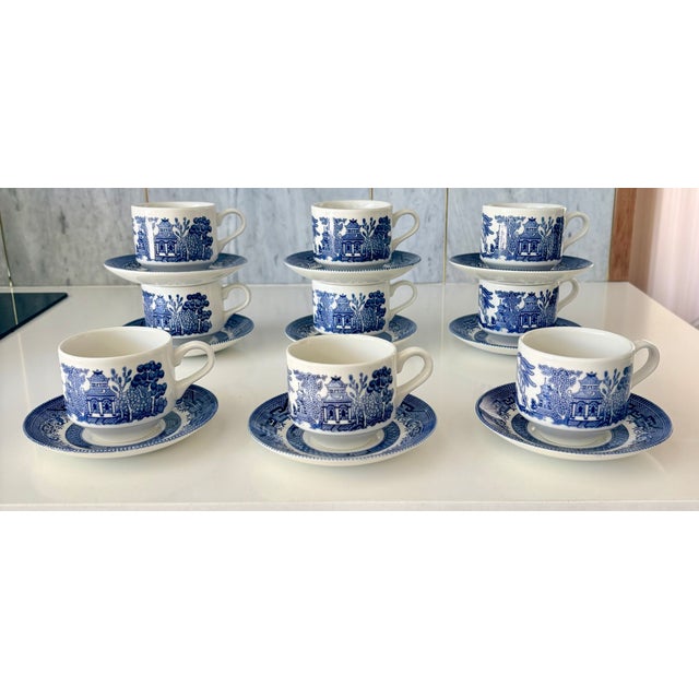 Late 20th Century Blue Willow Georgian Shape Tea Cups and Saucers by Churchill of England, 18 Pieces For Sale - Image 11 of 15