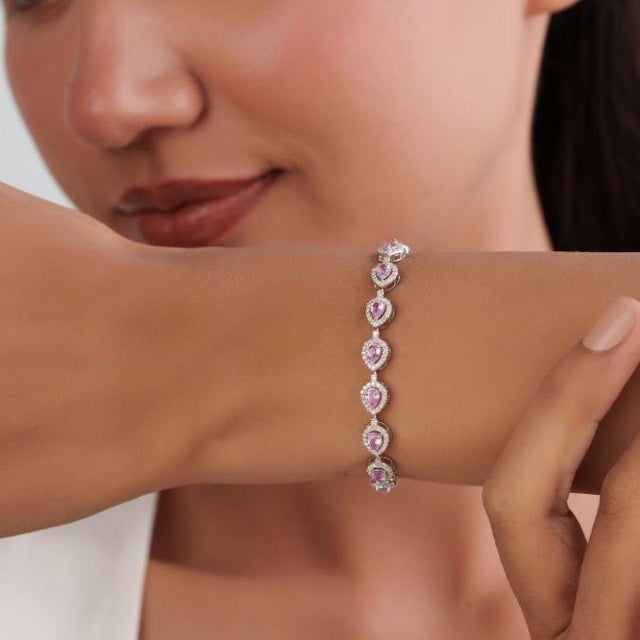Not Yet Made - Made To Order 14k Gold Pear Cut 2.74ct Pink Sapphire & Diamond Byzantine Tennis Bracelet For Sale - Image 5 of 17