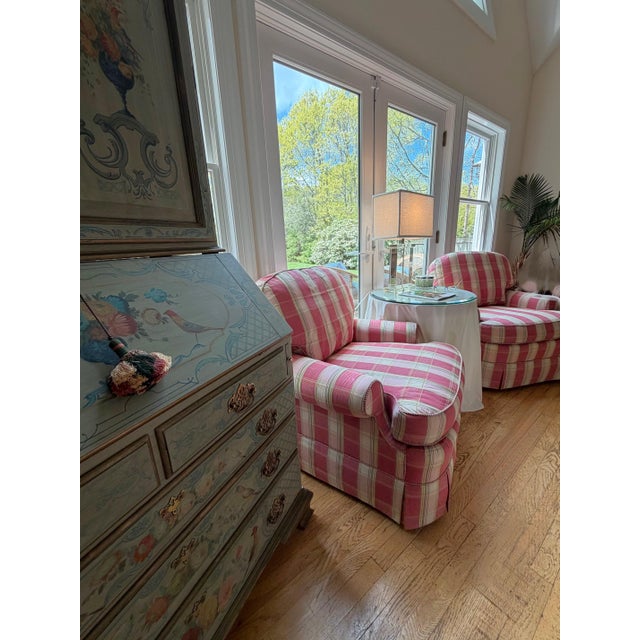Vanguard Furniture A Pair of Custom Pink Plaid Pleated Skirt Lounge Chairs With Rolled Arms For Sale - Image 4 of 18