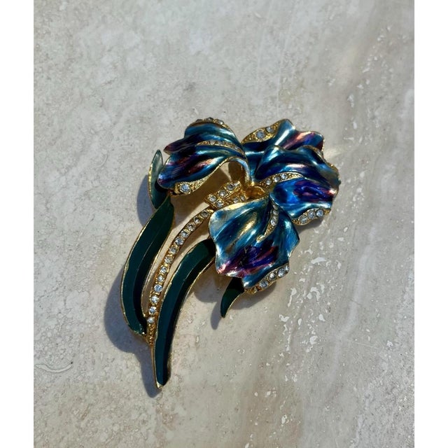 Vintage Coro Enamel Iris Brooch For Sale - Image 9 of 12