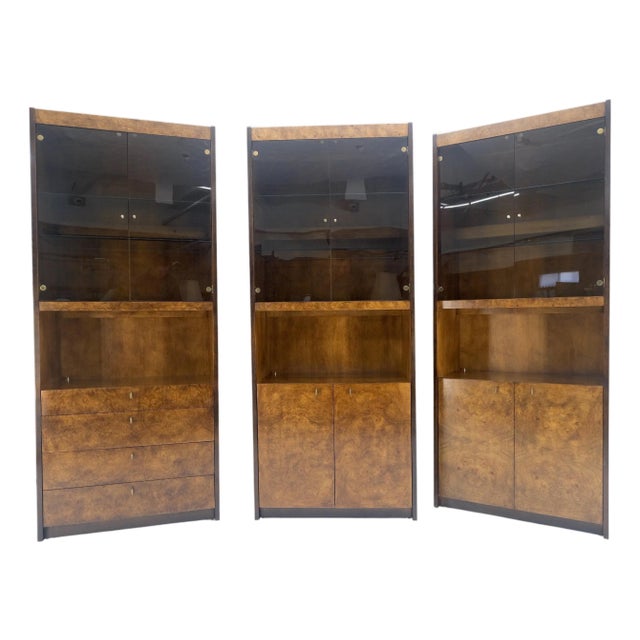Set of 3 Burl Wood Lighted Cabinets Wall Units Mid Century Modern MINT For Sale