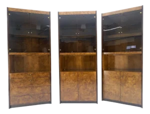 Set of 3 Burl Wood Lighted Cabinets Wall Units Mid Century Modern MINT