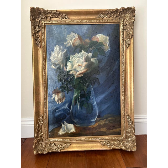 Mid 20th Century Vase of Roses on Blue Painting, Framed For Sale - Image 4 of 4