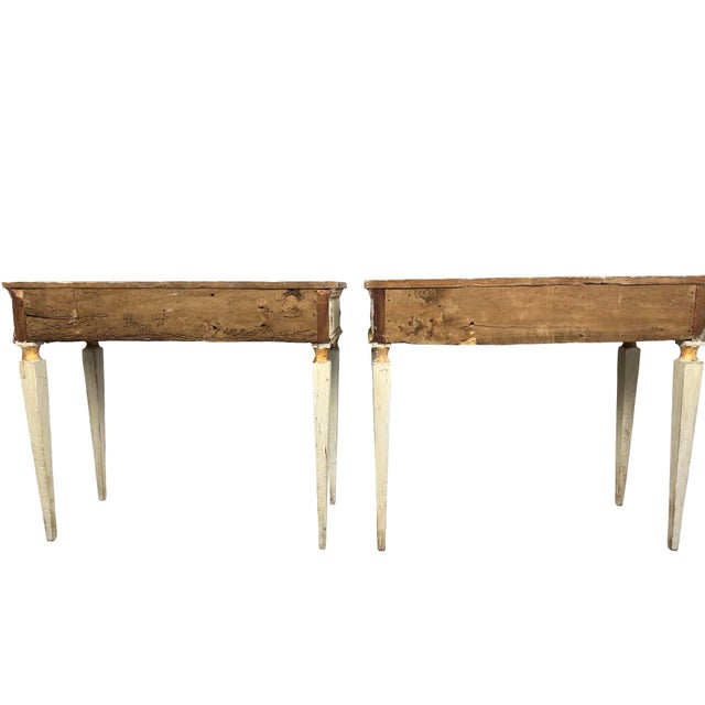 Pair of 1920s Italian Neoclassical Painted and Parcel-Gilt Console Tables Faux Marble For Sale - Image 10 of 10