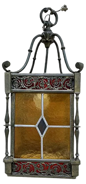 Wrought Iron and Stained Glass Ceiling Lantern Lamp , 1950s