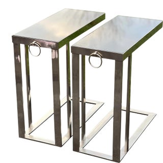 20th Century Flat Bar Chrome and Black Marble Top Cantilever Side Tables, Pair For Sale
