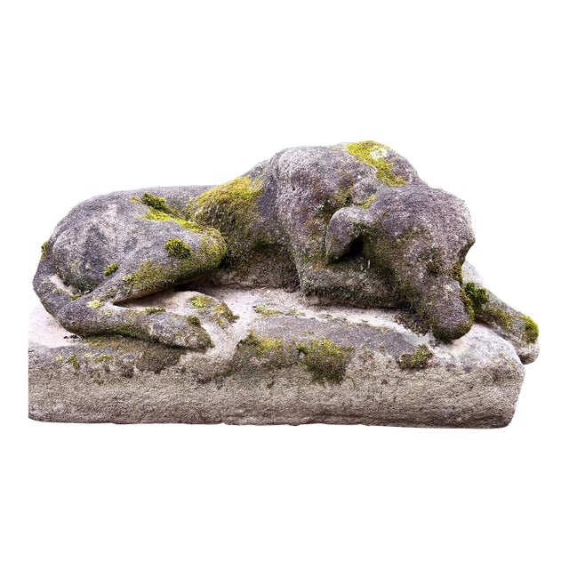 Cast Stone Dog Garden Statue With Moss Patina Mid 20th Century For Sale
