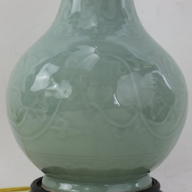 Pair of Vintage Celadon Green Porcelain Table Lamps Incised Floral Motif With Rosewood Bases For Sale - Image 11 of 16