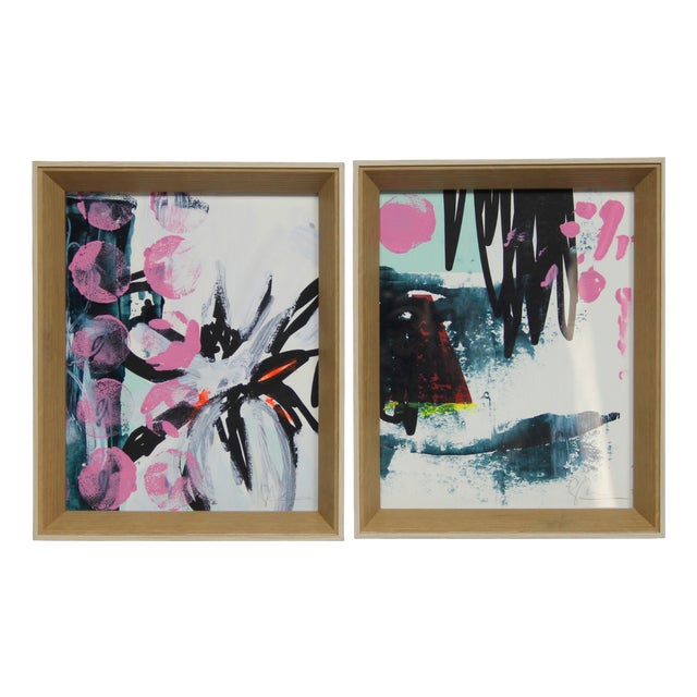 Lola Galanes, Compositions, 2009, Acrylic & Mixed Media on Cardboard, Framed, Set of 2 For Sale