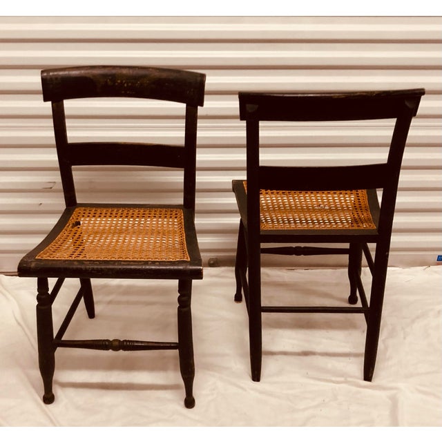 Late 1800’s Pair of painted Hitchcock caned seat chairs faded greek key painting at back supports