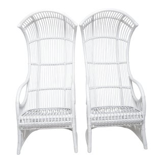 Pair of White Vintage High Back Cane Hooded Chairs For Sale