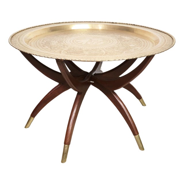 1950s Brass Tray Table · Chinese Export · Folding Spider Leg Base · Mahogany and Brass For Sale