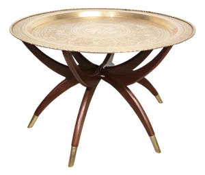 1950s Brass Tray Table · Chinese Export · Folding Spider Leg Base · Mahogany and Brass