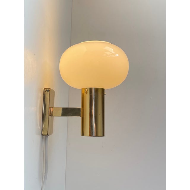 Vintage Scandinavian Brass Wall Lamp with Opaline Glass Mushroom Shade, 1960s For Sale - Image 4 of 10