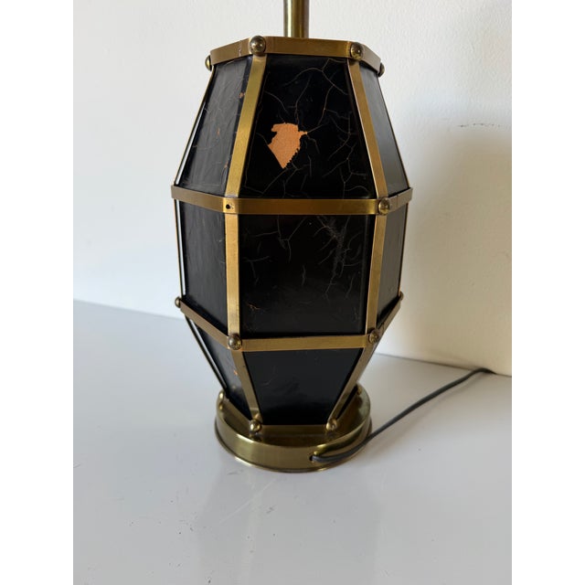 1970s Vintage Hollywood Regency Brass & Black Leather Geometric Table Lamp For Sale - Image 5 of 13