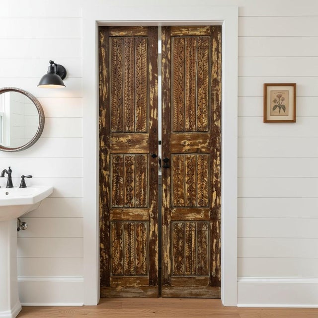 Mid Century Spnaish Style Carved Wood Double Doors With Brass Studs 80 For Sale In Orlando - Image 6 of 7