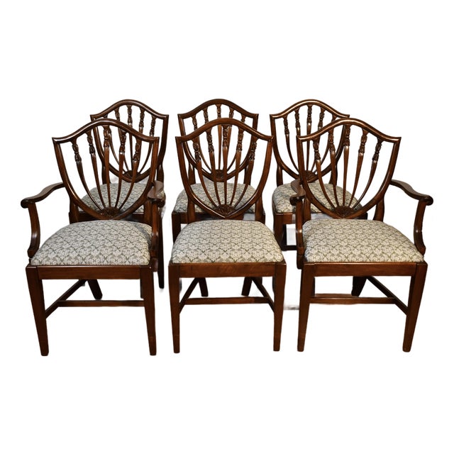 1920 Antique English Solid Walnut Shield-Back Set of Six Dining Chairs For Sale
