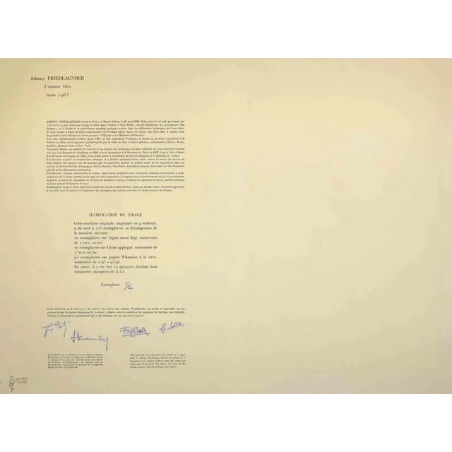 Modern Johnny Friedlander, L'Oiseau Bleu, Etching, 1963 For Sale - Image 3 of 4