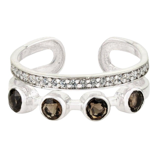 Rare Open Cuff Smoky Topaz Ring With Dazzling Zircons, Size 8.5 For Sale