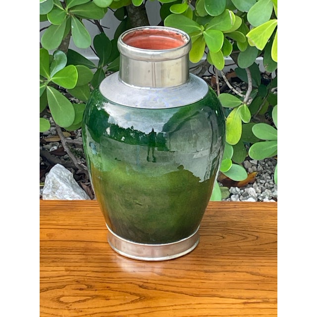 Moroccan Vintage Signed Safi Tensift Moroccan Green Glazed Pottery Vase With Metal Mounts For Sale - Image 3 of 10