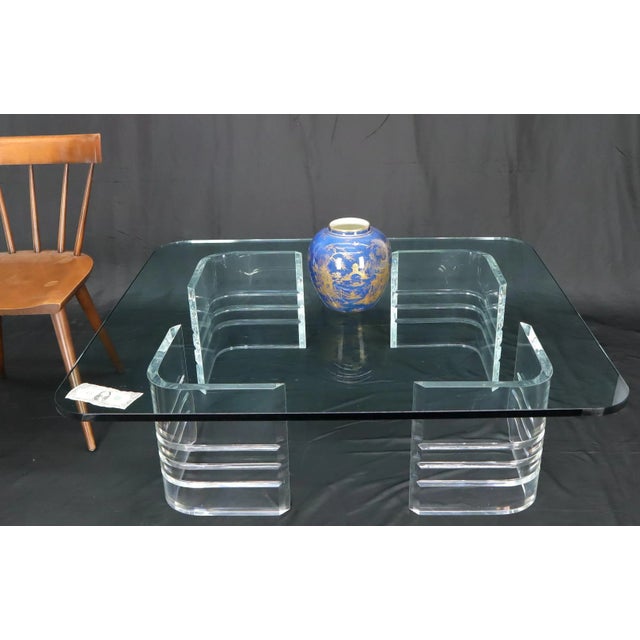 Large Wide Rectangle Rounded Corners Thick Glass Coffee Table For Sale - Image 9 of 10