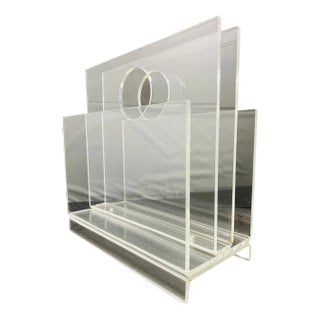 Vintage Lucite 3 Compartment Magazine Rack With Built in Circle Handles For Sale