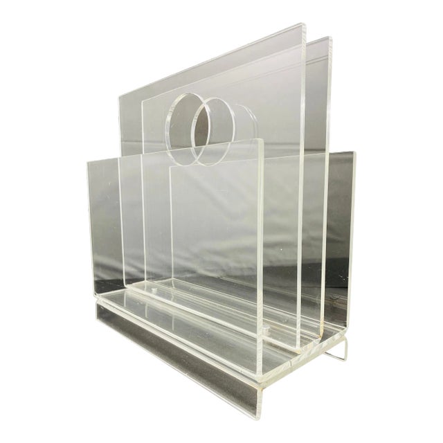 Vintage Lucite 3 Compartment Magazine Rack With Built in Circle Handles For Sale