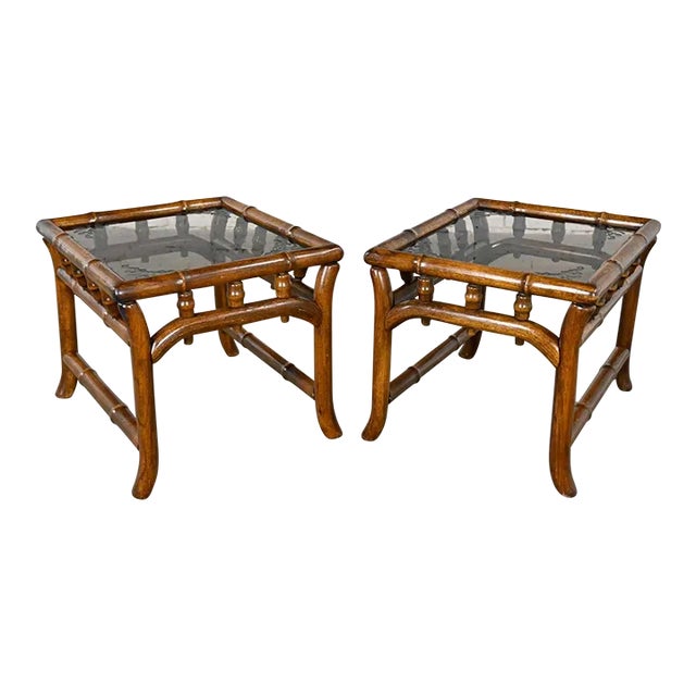 Vintage Organic Modern Faux Rattan & Etched Smoked Glass Top End Tables a Pair For Sale