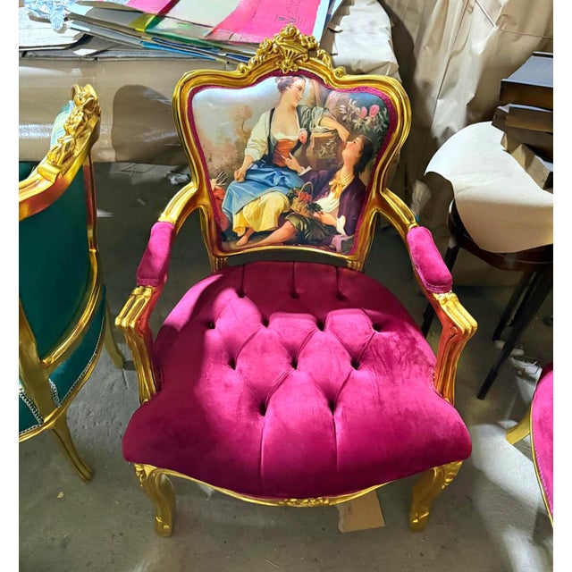 French French-Style Burgundy Velvet Armchair – Tufted Upholstery With Ornate Gold Leaf Frame For Sale - Image 3 of 3