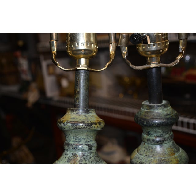 Vintage Interlude Home Pair Rustic Green Metal / Iron Tall Buffet Table Lamps W/ Pleated Shades For Sale - Image 18 of 18