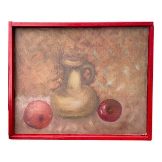 Midcentury Oil on Canvas Fruit Still Life With Red Frame For Sale