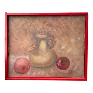 Midcentury Oil on Canvas Fruit Still Life With Red Frame