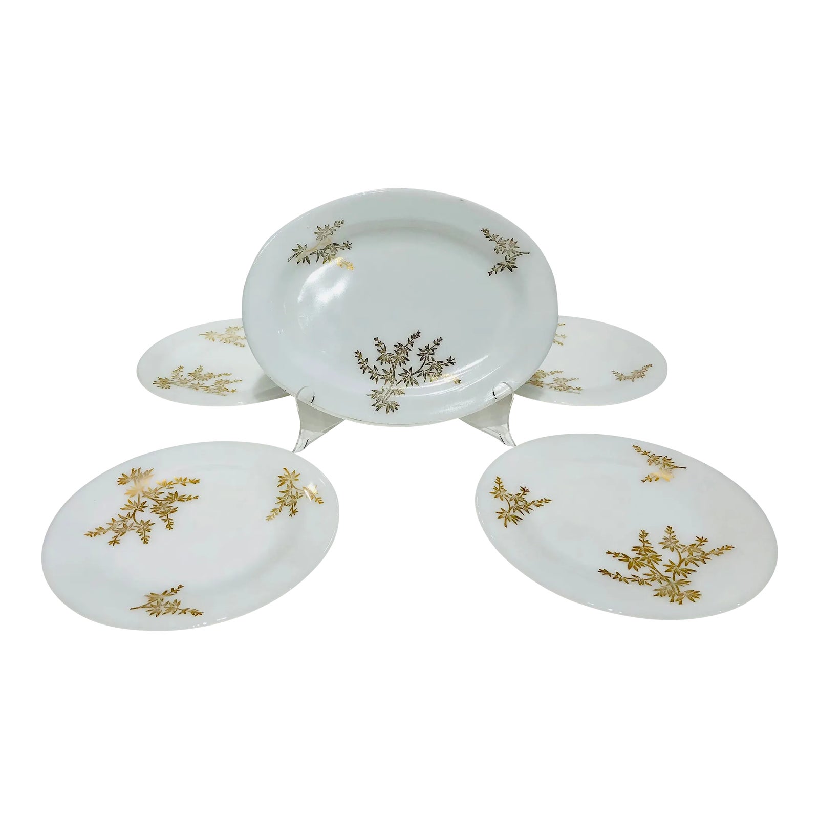 Vintage Mid Century Era Milk Glass & Gold Leaf Serving Set 5 Pieces