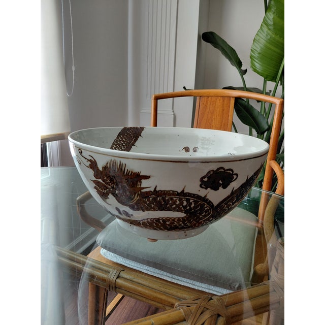 Chinoiserie Vintage Hand-Painted Dragon Motif Ceramic Centerpiece Bowl For Sale - Image 3 of 3
