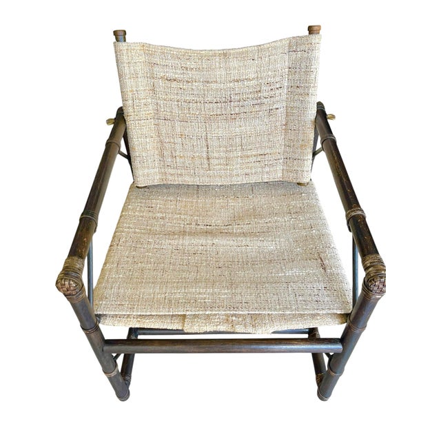 Campaign Attributed to Forbes for McGuire Vintage Campaign Safari Lounge Chairs in Woven Silk & Wood – Pair For Sale - Image 3 of 18