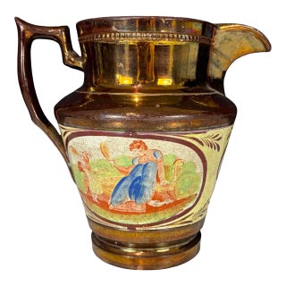 19th Century English Copper Lustreware Pottery Pitcher Jug With Classical Handpainted Figural Decoration For Sale