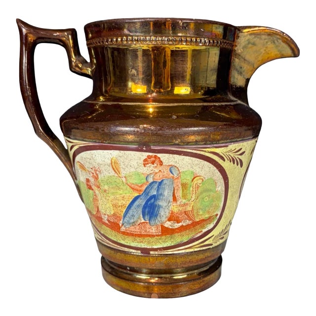 19th Century English Copper Lustreware Pottery Pitcher Jug With Classical Handpainted Figural Decoration For Sale