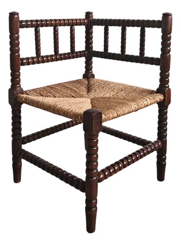 Antique French Provincial Carved Oak Bobbin Rush Corner Chair