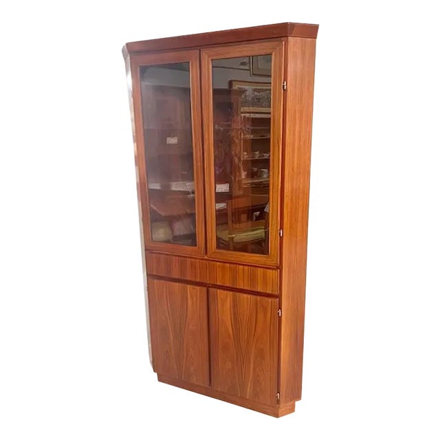 Danish Mid Century Modern Teak Corner Bookcase / China Cabinet by Skovby, Made in Denmark Circa 1970s For Sale