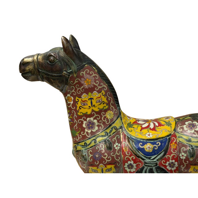 Vintage Oriental Chinese Reddish Maroon Cloisonne Metal Horse Figure For Sale - Image 12 of 14
