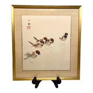 Mid-20th Century "Flock of Birds" Japanese Art by Takeuchi Seiho, Brick Red, Peach and Gray, Framed For Sale