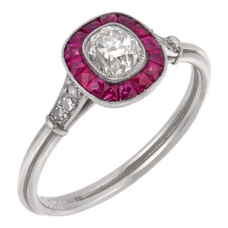 1930s Art Deco Inspired Old Mine Cut Diamond Ruby Target Platinum Ring, Size 6.25 For Sale