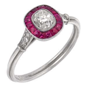 1930s Art Deco Inspired Old Mine Cut Diamond Ruby Target Platinum Ring, Size 6.25