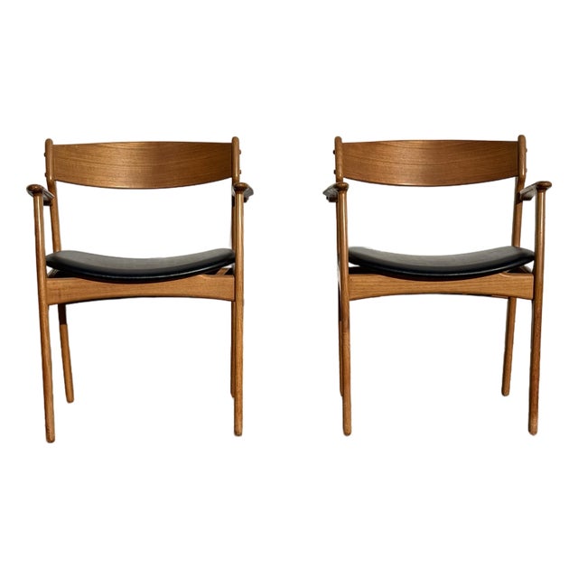 Pair of Mid-Century Danish Teak Dining Arm Chairs by Erik Buch For Sale