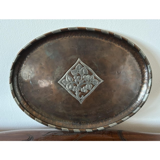 Arts & Crafts Oval Hammered Copper and Pewter Tray by Hugh Wallis, United Kingdom, 1910s For Sale - Image 6 of 6