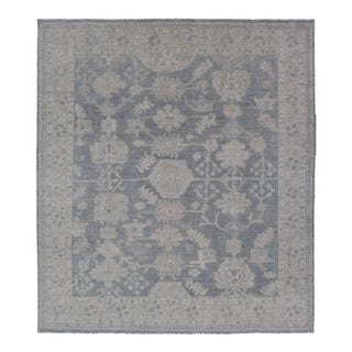 Modern Oushak With Large Floral Motifs With Cream Blue and Steel Blue For Sale
