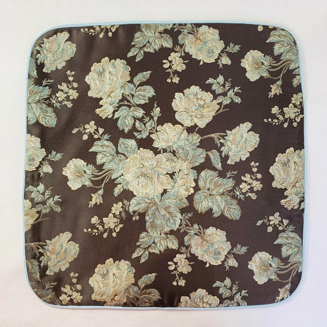 English Duralee Highland Court Brown Green Robins Egg Blue Botanical Floral Rose Bouquet Woven Jacquard Pillow Covers- Pair For Sale - Image 3 of 5