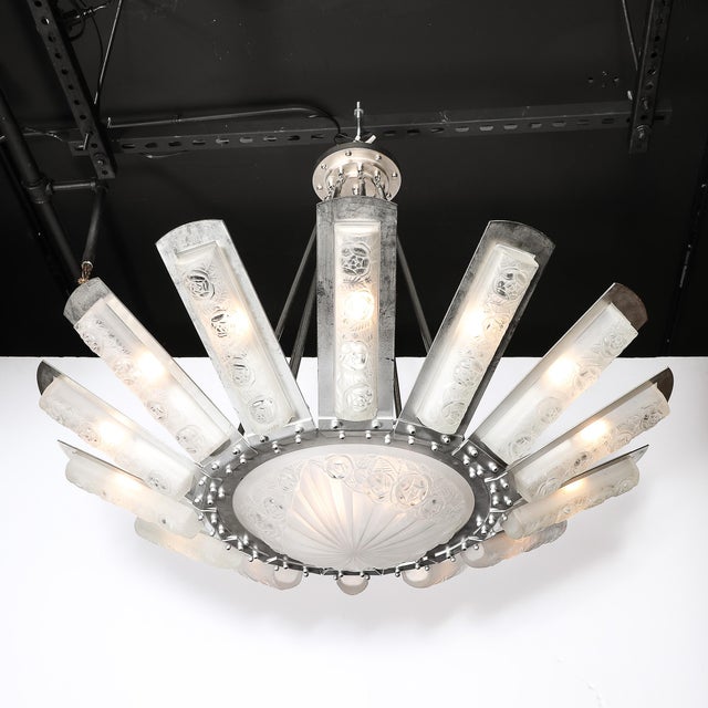 1930s Art Deco Geometric Frosted Glass & Nickeled Starburst Chandelier Signed Degué For Sale - Image 5 of 18