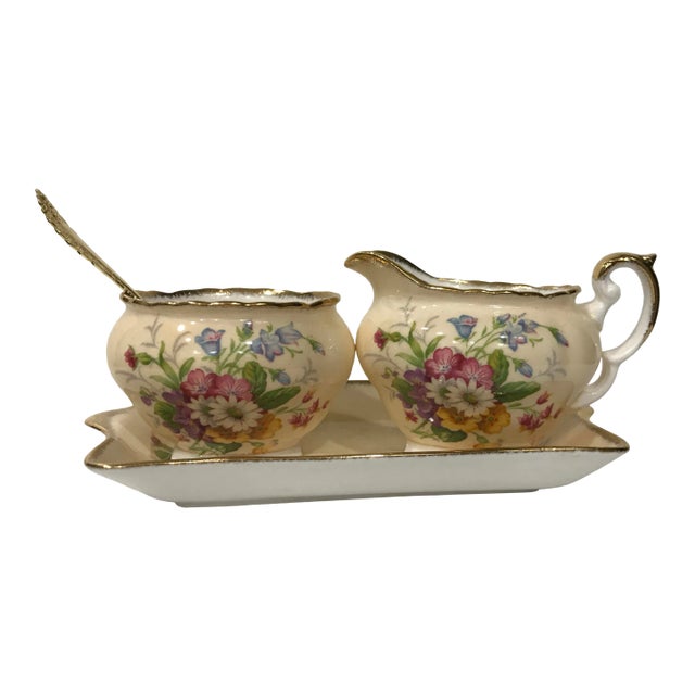 Foley Meadowsweet Creamer, Sugar and Tray Bone China Set With Demi Spoon - 4 Piece Sey For Sale
