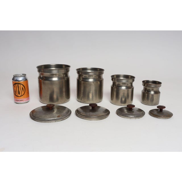 Set of Four Vintage Portuguese Metal and Teak Lidded Graduated Nesting Canisters / Jars by Tagus For Sale In New York - Image 6 of 18